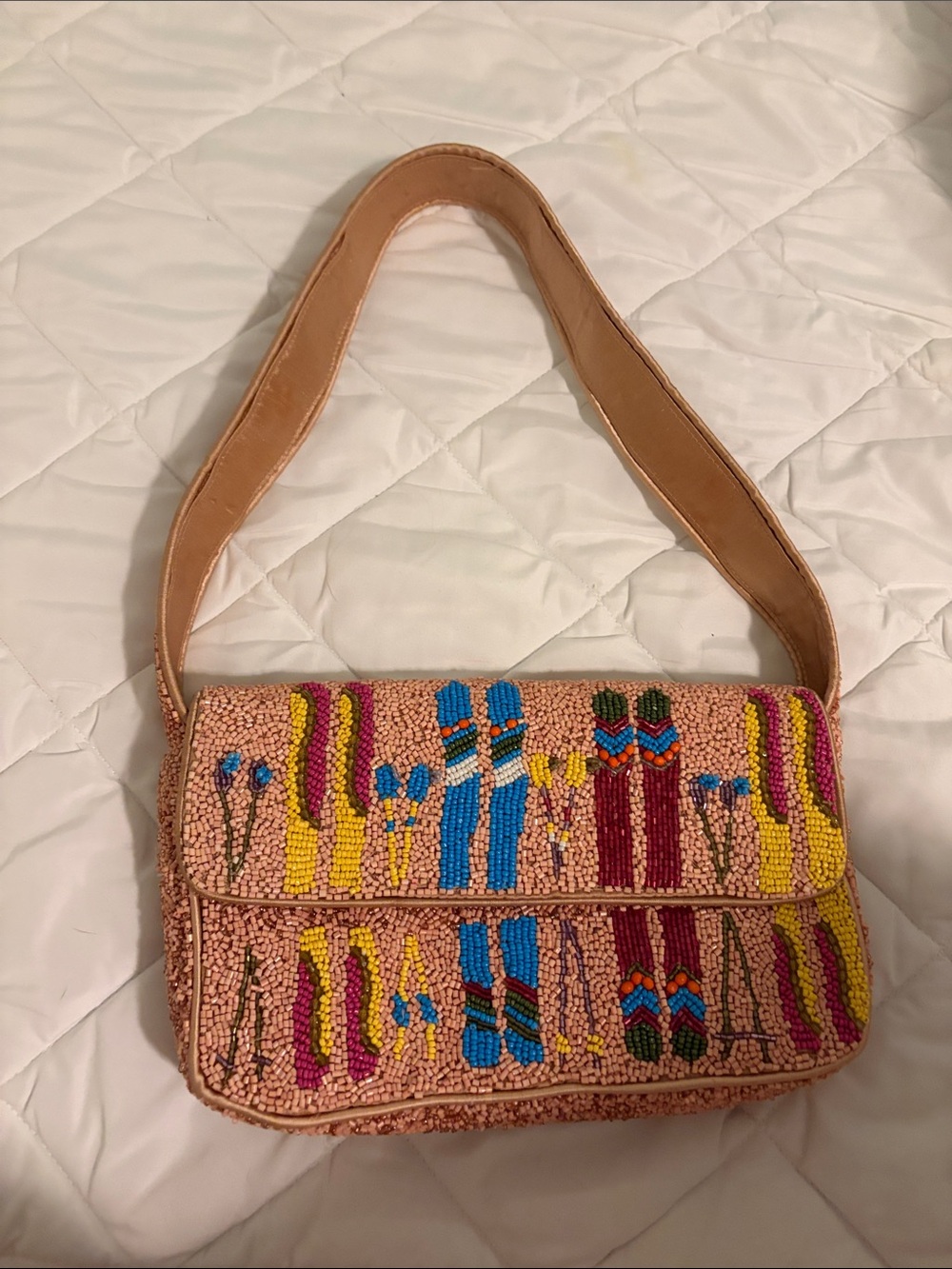 Source Unknown Pink Beaded Shoulder Bag with Multicolor Embroidery